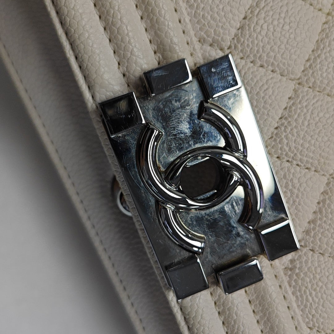 BOY CHANEL Small Quilted Grained Calfskin White