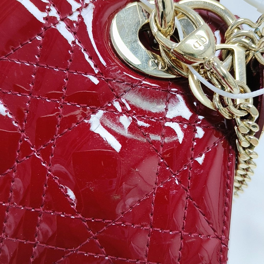 Authenticated pre-owned  Lady Dior Mini Quilted Patent Calfskin Red - Tote Bag at Looply