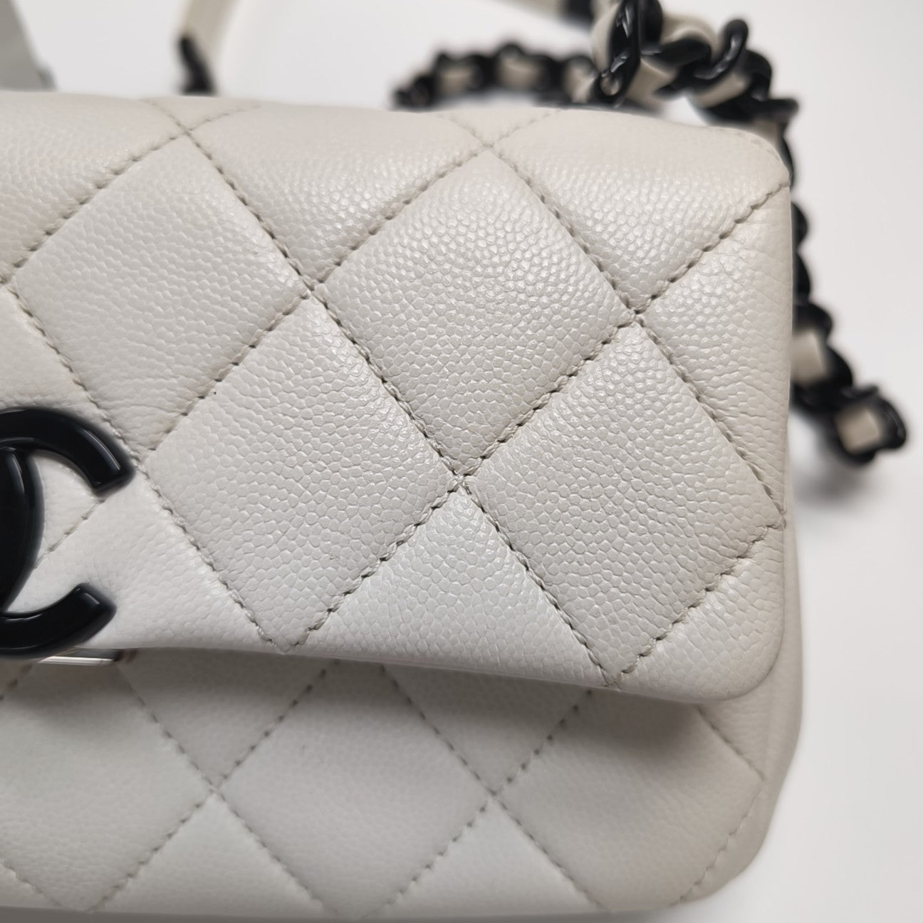 Quilted Grained Calfskin Shoulder Bag Small White