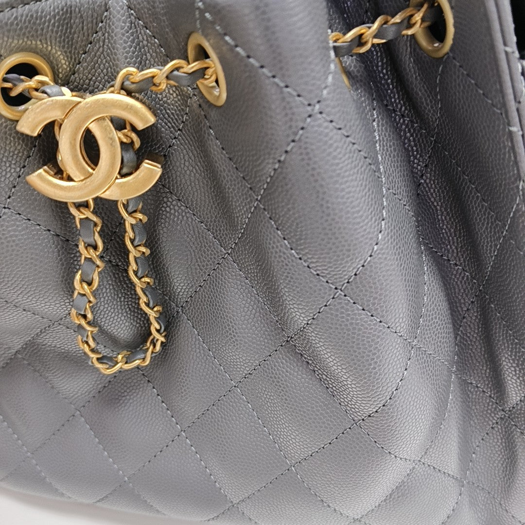 CHANEL 25 Small Quilted Grained Calfskin Gray