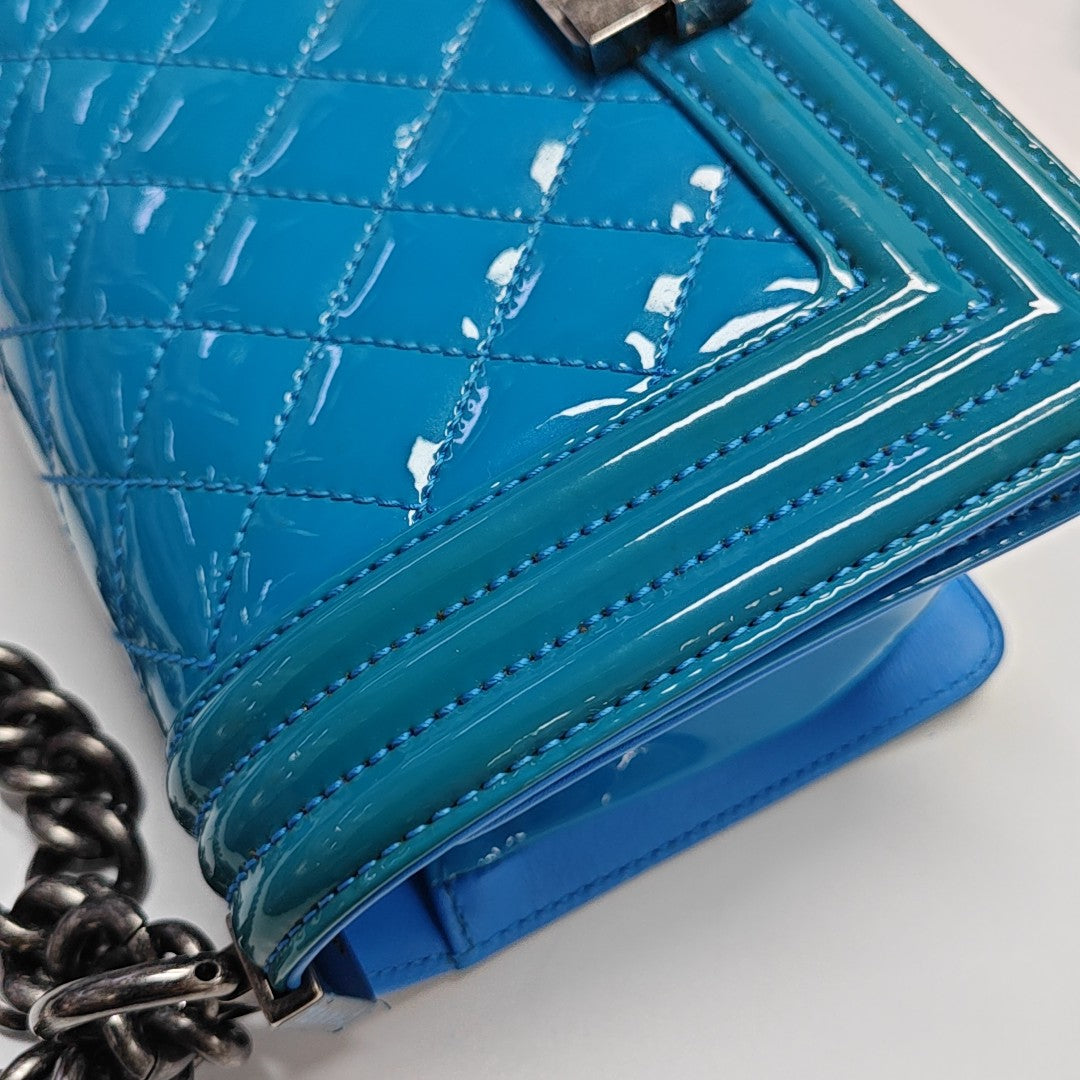 BOY CHANEL Small Quilted Patent Leather Blue