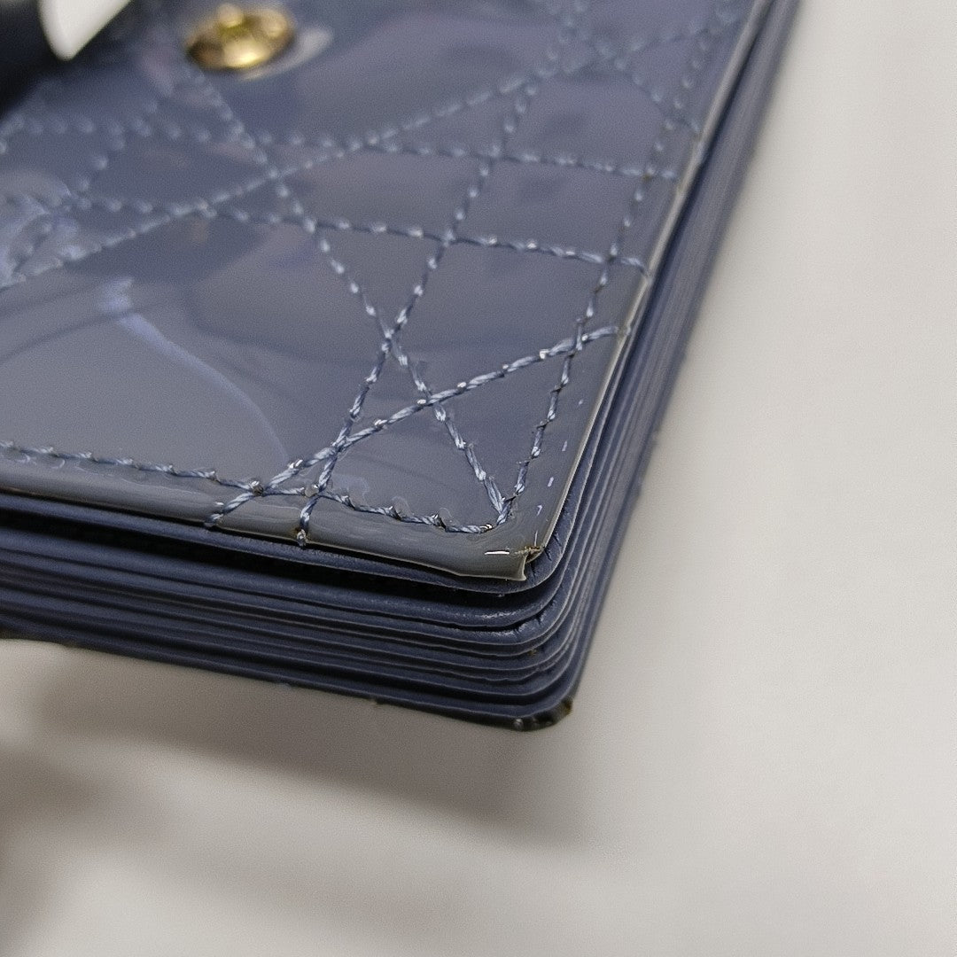 Lady Dior Super Mini Cannage Patent Leather Blue Card Holder