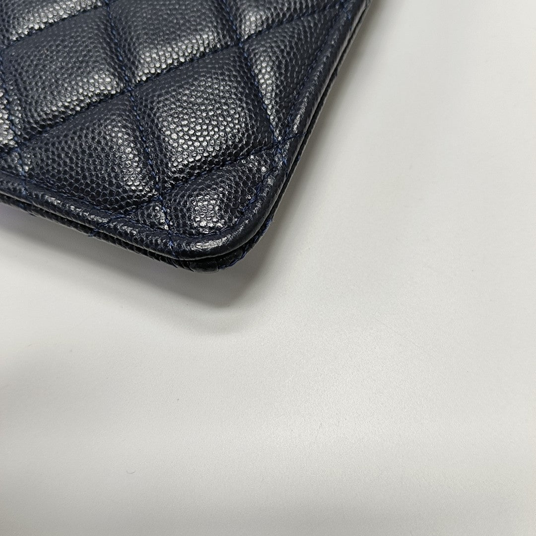 Quilted Grained Calfskin Card Holder Blue