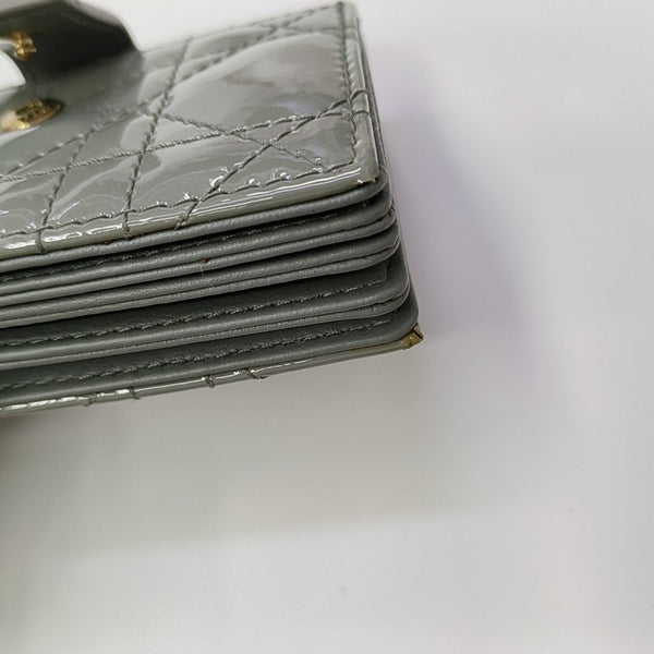 Lady Dior Super Mini Cannage Patent Leather Gray Card Holder