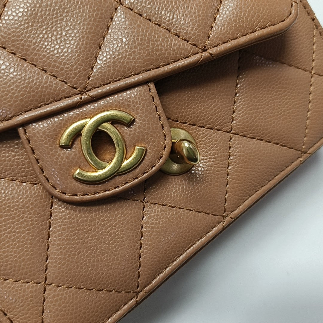 Authenticated pre-owned  CLASSIC FLAP Mini Quilted Grained Calfskin Beige - Shoulder Bag at Looply