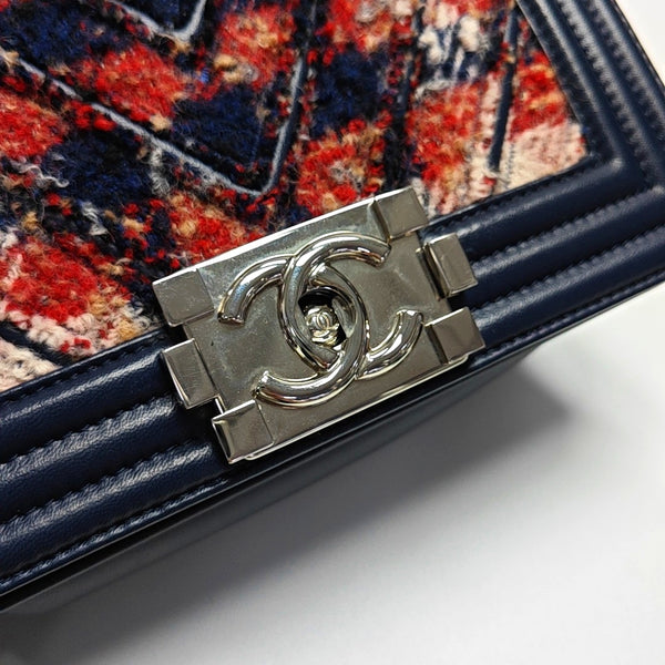 Authenticated pre-owned  BOY CHANEL Small Chevron, Quilted Wool Blue - Shoulder Bag at Looply