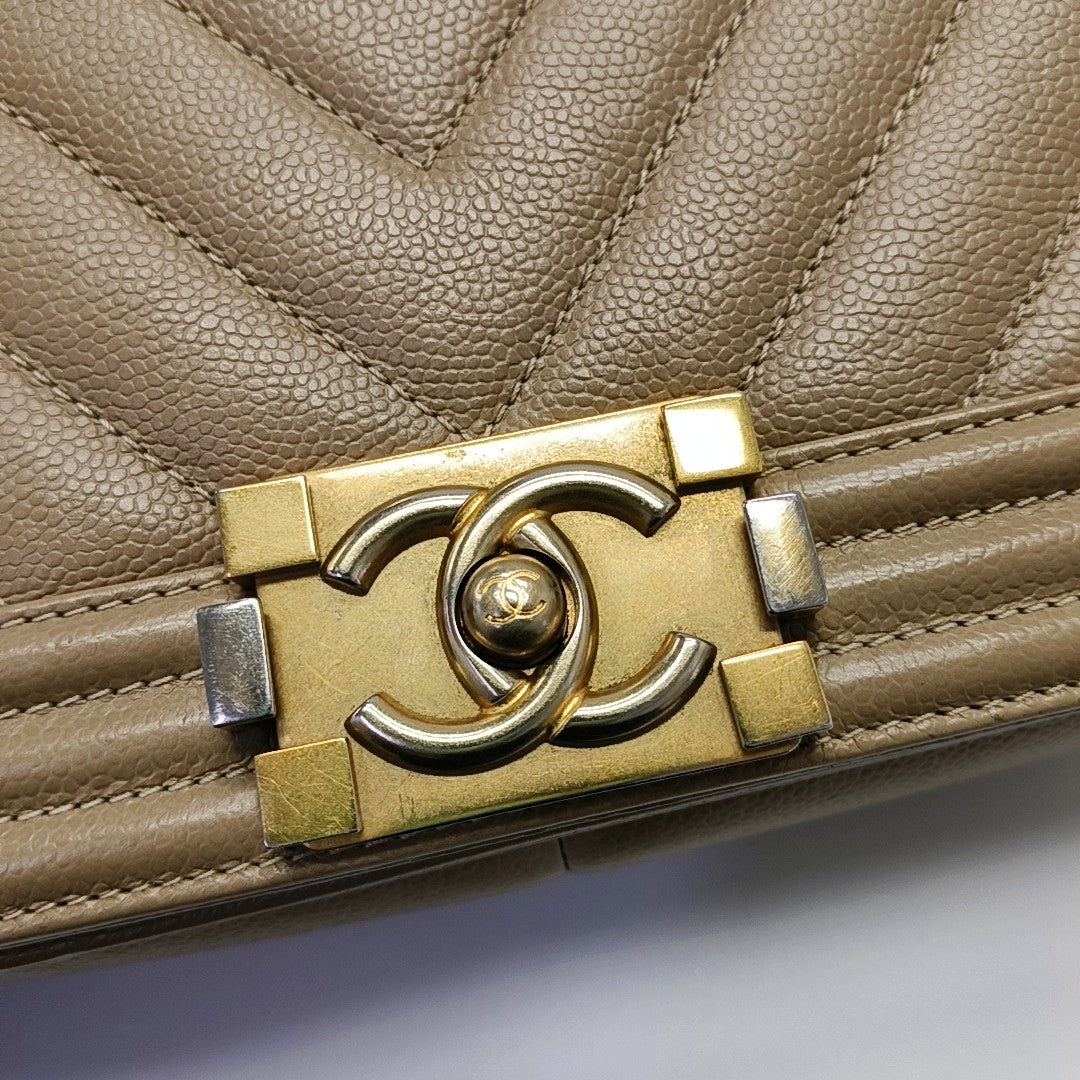 BOY CHANEL Medium Chevron, Quilted Grained Calfskin Beige