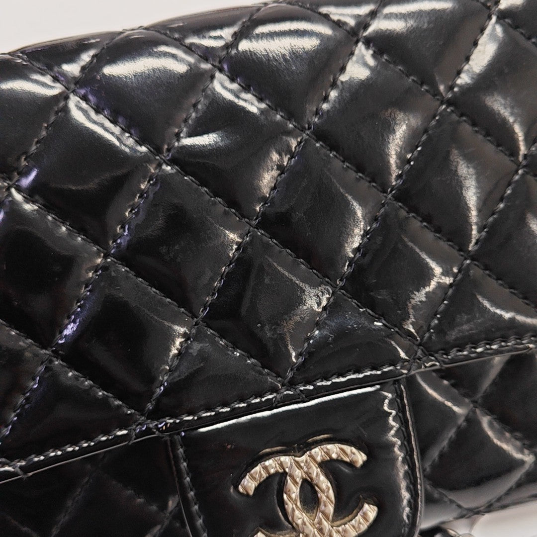 Quilted Patent Leather Top Handle Bag Black