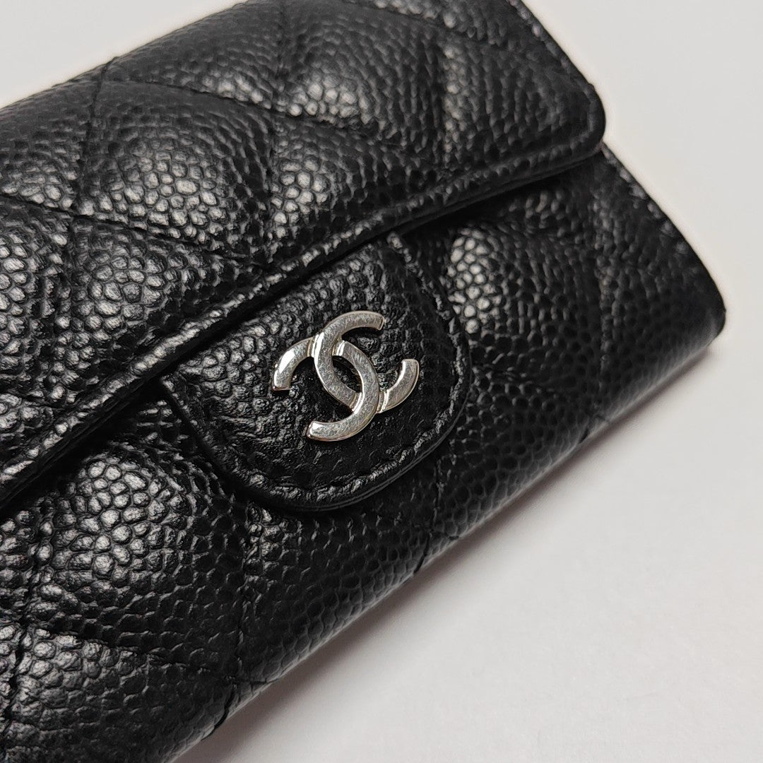 Quilted Grained Calfskin Card Holder Black