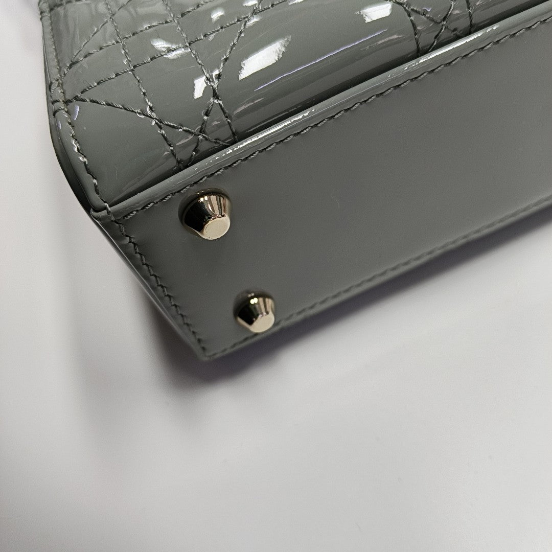 Authenticated pre-owned  Lady Dior Mini Quilted Patent Leather Grey - Tote Bag at Looply