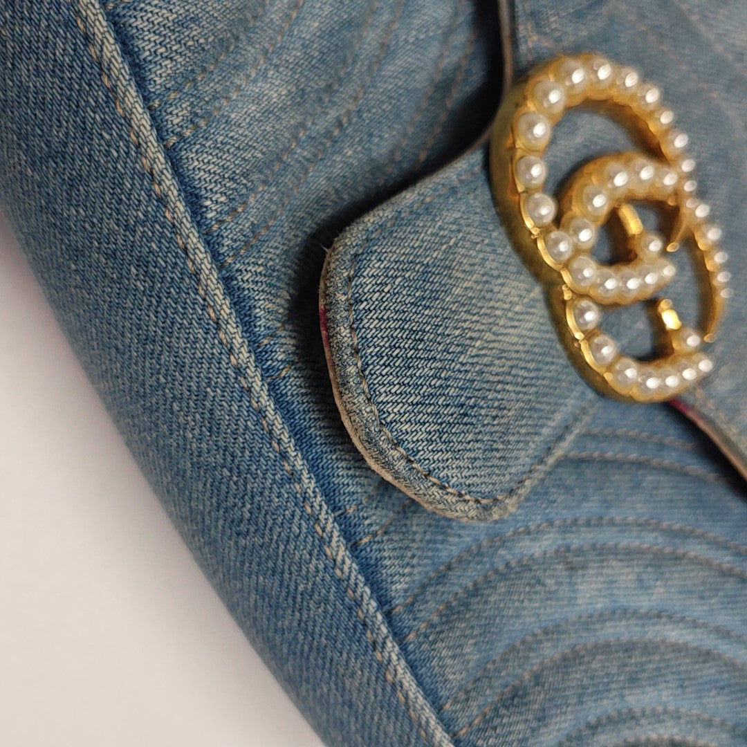 GG Marmont Medium Quilted Denim Blue