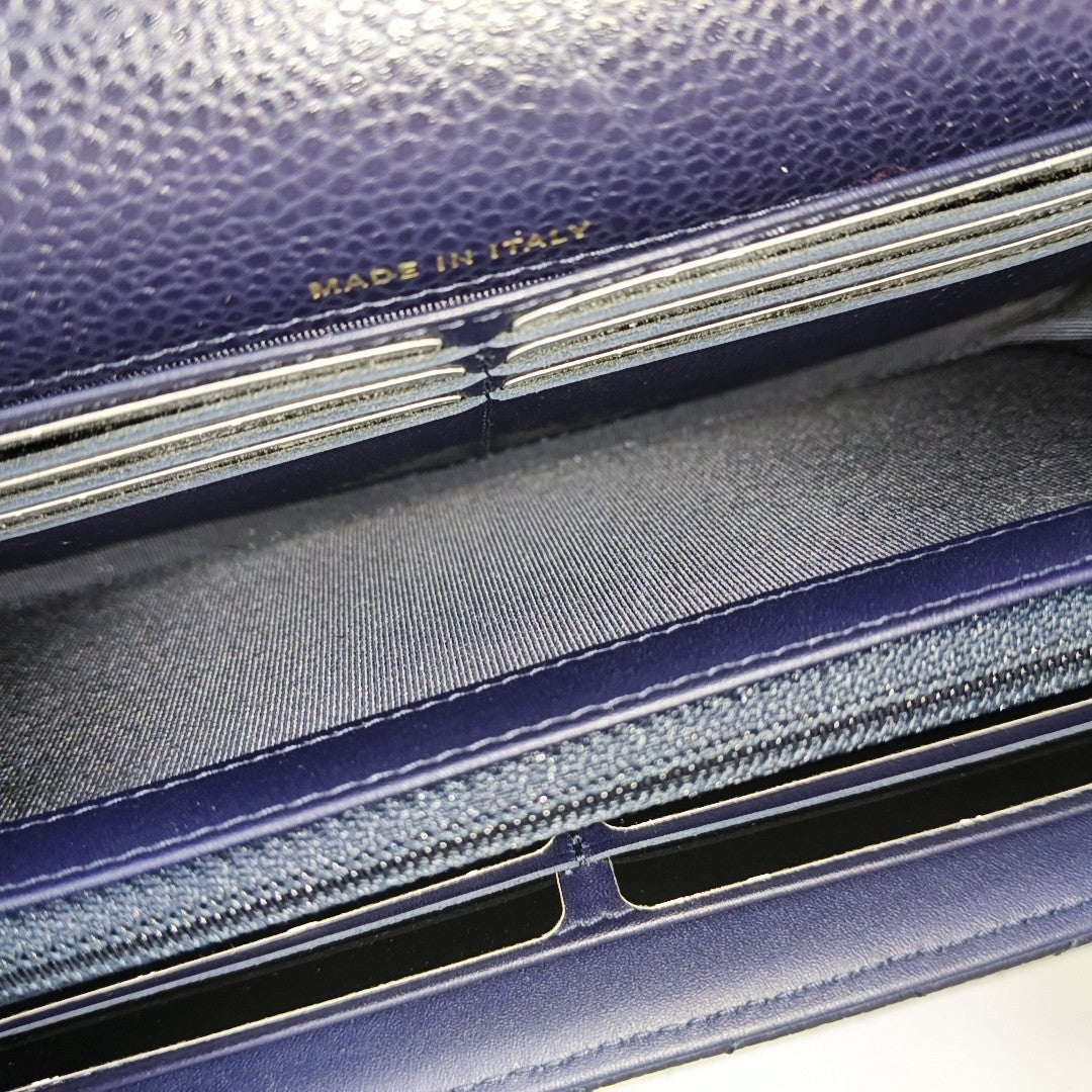 CLASSIC FLAP Mini Quilted Grained Calfskin Blue Wallet