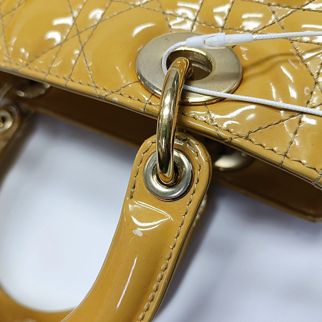 Authenticated pre-owned  Lady Dior Medium Quilted Patent Leather Yellow - Shoulder Bag at Looply