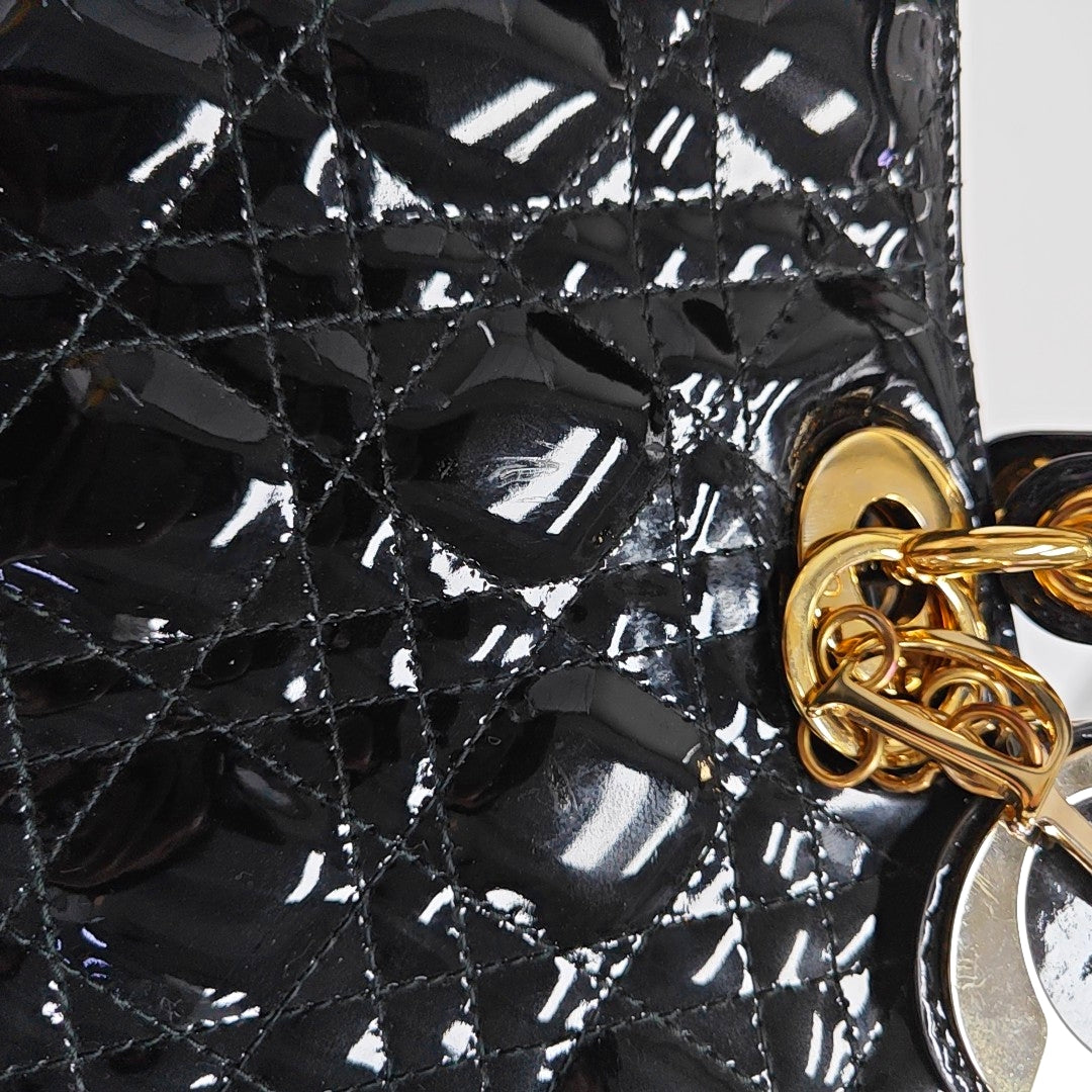 Authenticated pre-owned  Lady Dior Large Quilted Patent Leather Black - Tote Bag at Looply