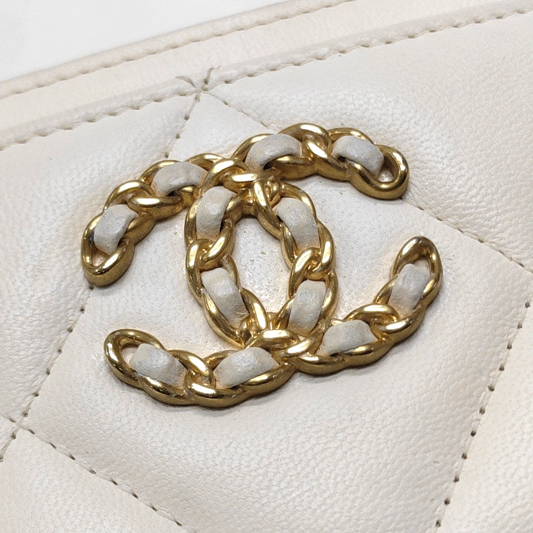 Authenticated pre-owned  CHANEL 19 Quilted Lambskin White Card Holder - Card Holder at Looply