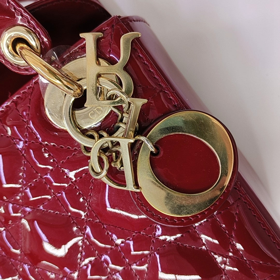 Authenticated pre-owned  Lady Dior Mini Quilted Patent Leather Red - Tote Bag at Looply