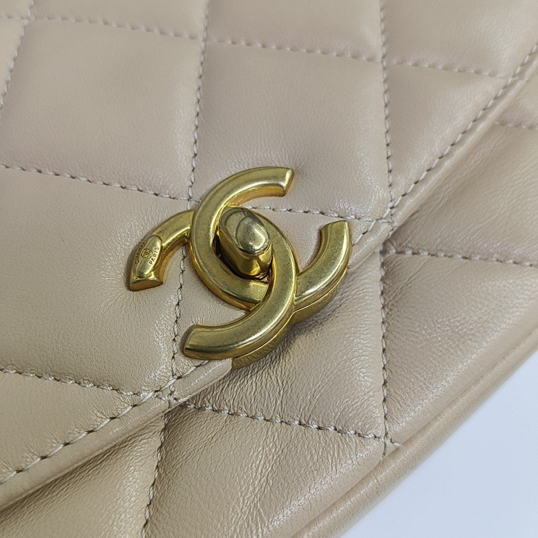 Quilted Lambskin Shoulder Bag Small Beige