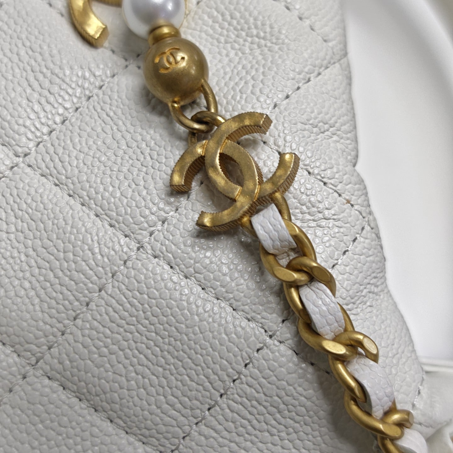 Quilted Grained Calfskin Top Handle Bag White
