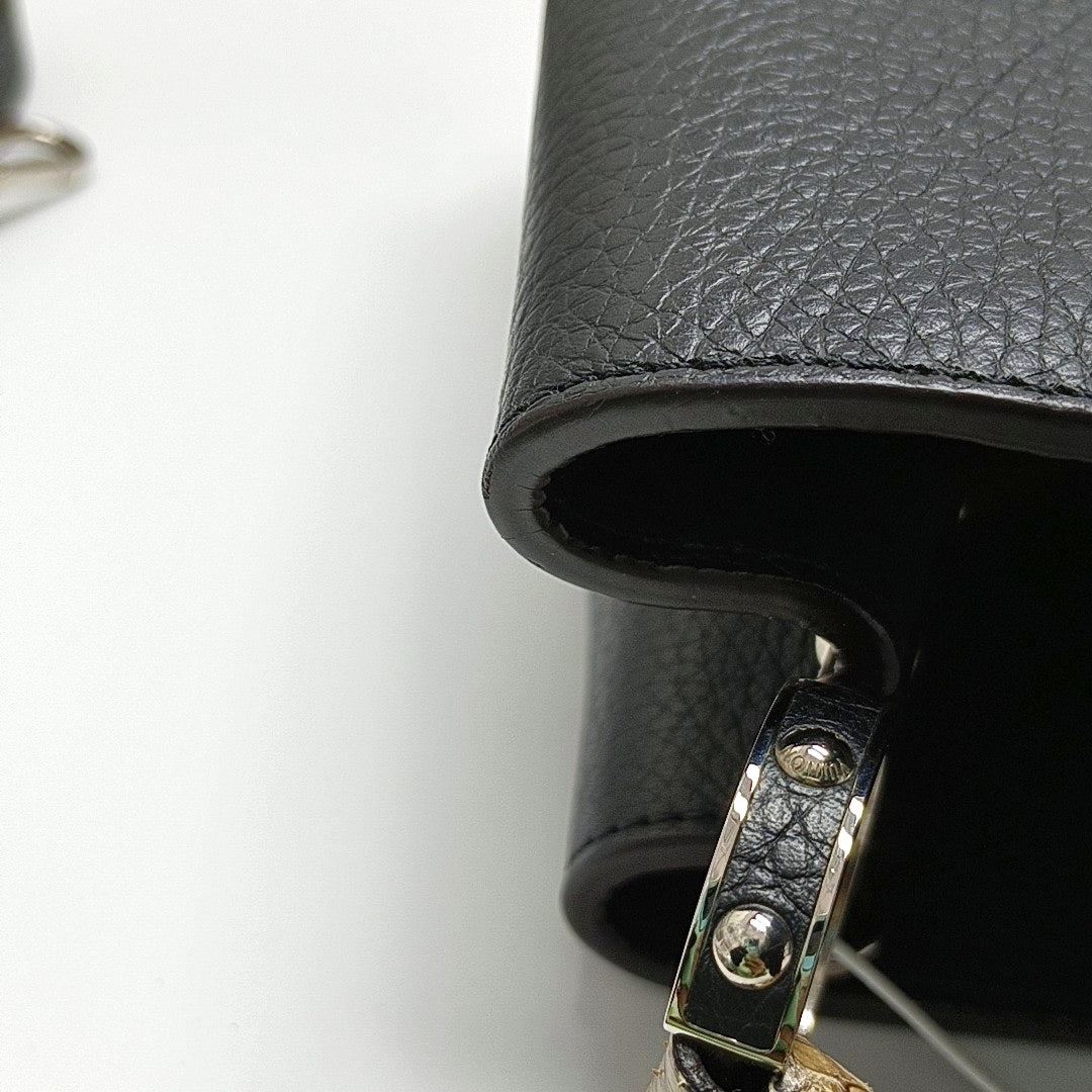 Authenticated pre-owned  CAPUCINES Calfskin Black - Top Handle Bag at Looply