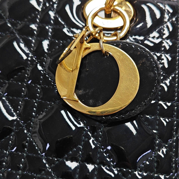 Authenticated pre-owned  Lady Dior Medium Quilted Patent Leather Black - Tote Bag at Looply