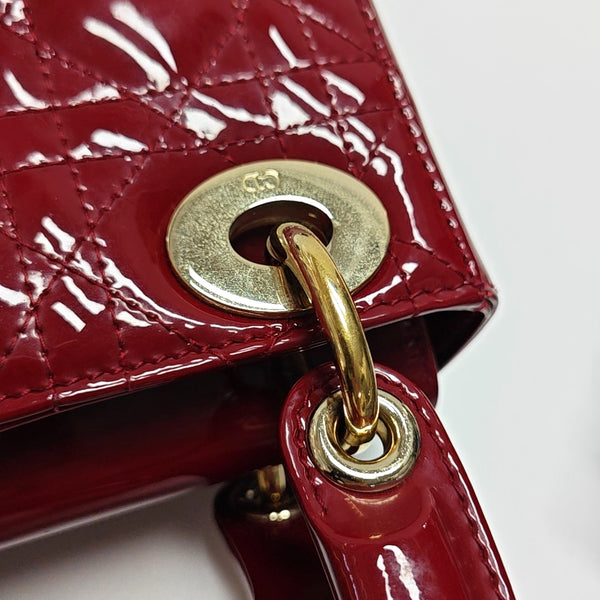 Authenticated pre-owned  Lady Dior Mini Quilted Patent Leather Red - Tote Bag at Looply