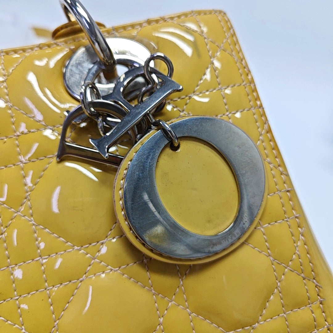 Authenticated pre-owned  Lady Dior Medium Quilted Patent Leather Yellow - Tote Bag at Looply