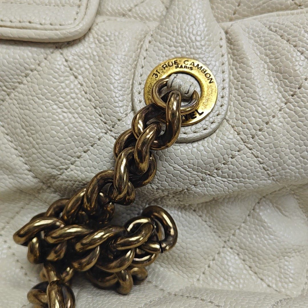 Quilted Grained Calfskin Shoulder Bag White