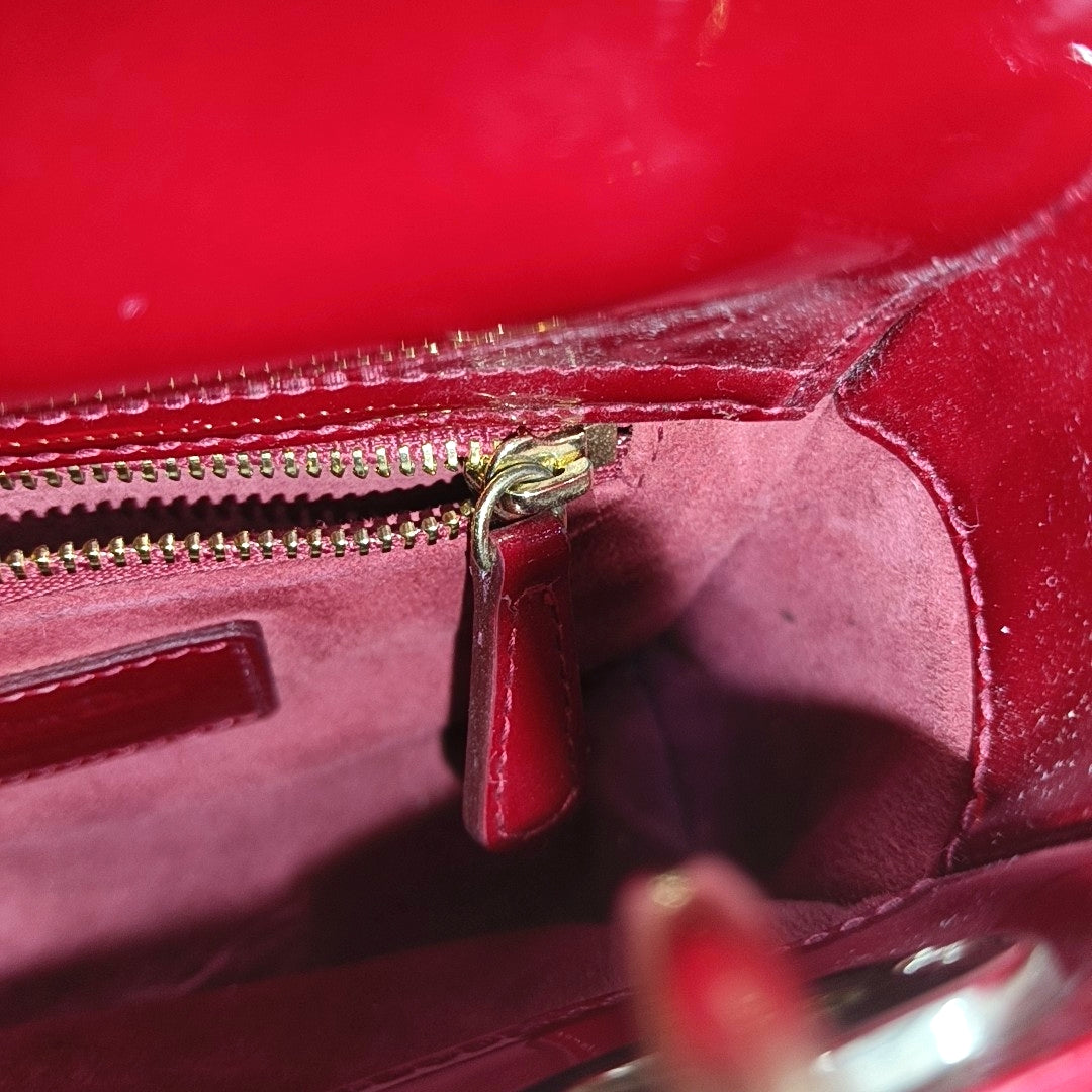 Authenticated pre-owned  Lady Dior Mini Quilted Patent Calfskin Red - Tote Bag at Looply