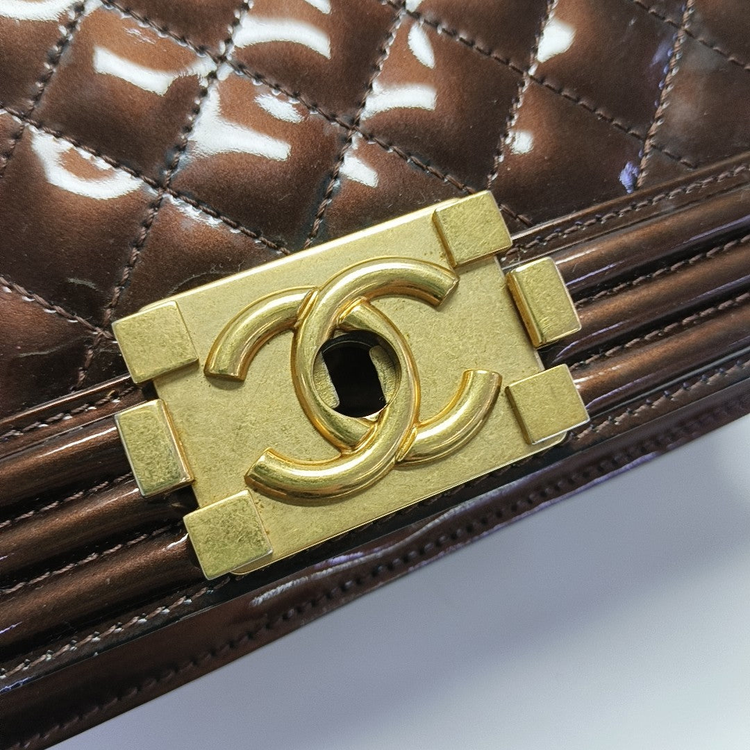 BOY CHANEL Medium Quilted Patent Leather Brown
