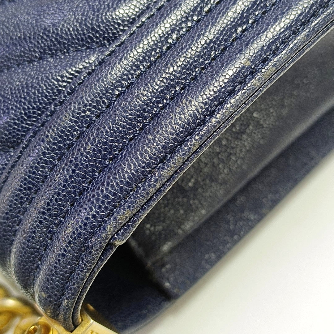 Authenticated pre-owned  BOY CHANEL Chevron, Quilted Grained Calfskin Blue - Crossbody Bag at Looply