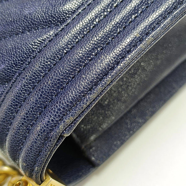 Authenticated pre-owned  BOY CHANEL Chevron, Quilted Grained Calfskin Blue - Crossbody Bag at Looply