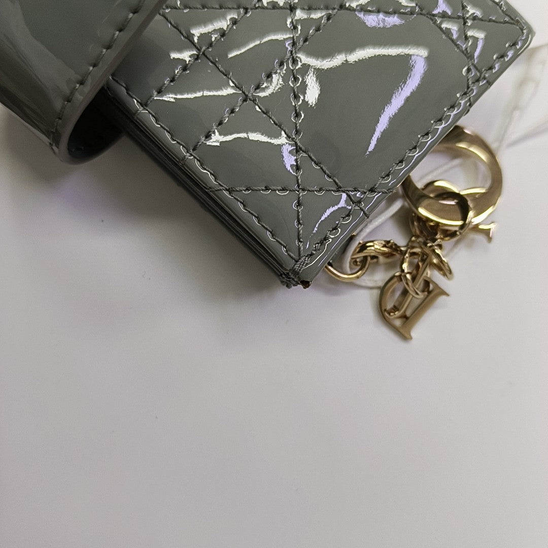 Lady Dior Super Mini Cannage Patent Leather Gray Card Holder