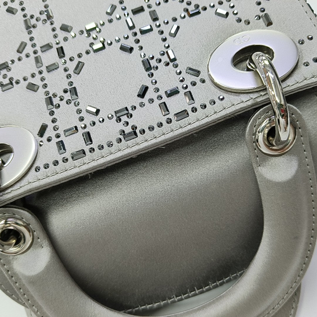 Lady Dior Mini Cannage Silk Satin Gray
