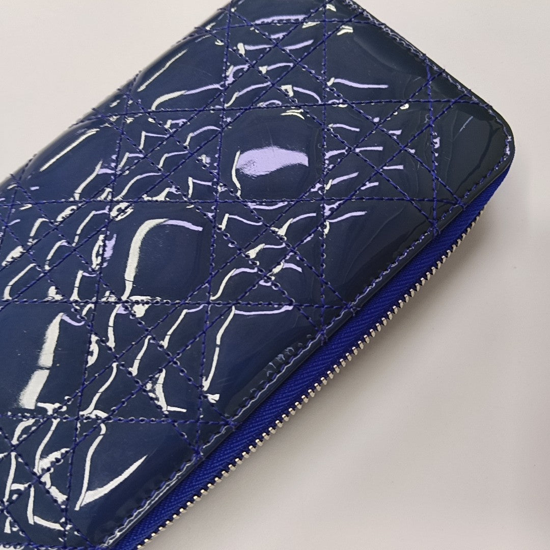 Lady Dior Small Cannage Patent Leather Blue Wallet