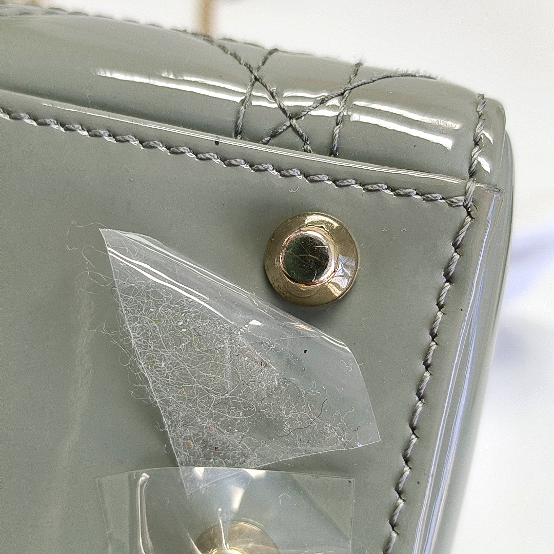 Authenticated pre-owned  Lady Dior Mini Quilted Patent Leather Gray - Tote Bag at Looply