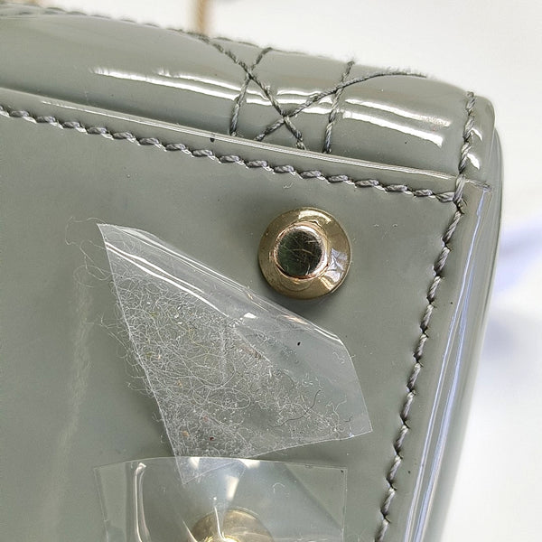 Authenticated pre-owned  Lady Dior Mini Quilted Patent Leather Gray - Tote Bag at Looply