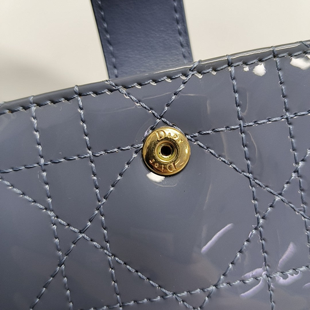 Lady Dior Super Mini Cannage Patent Leather Blue Card Holder