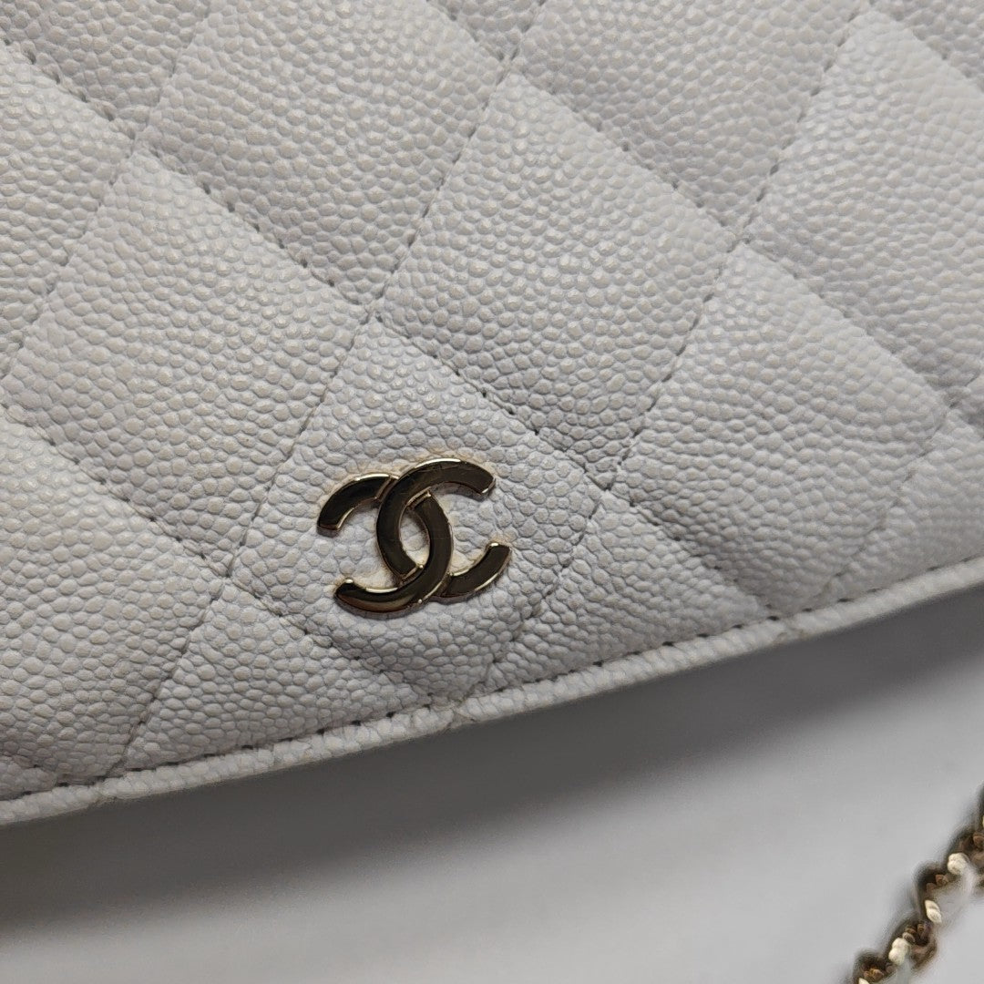 Quilted Grained Calfskin Shoulder Bag White