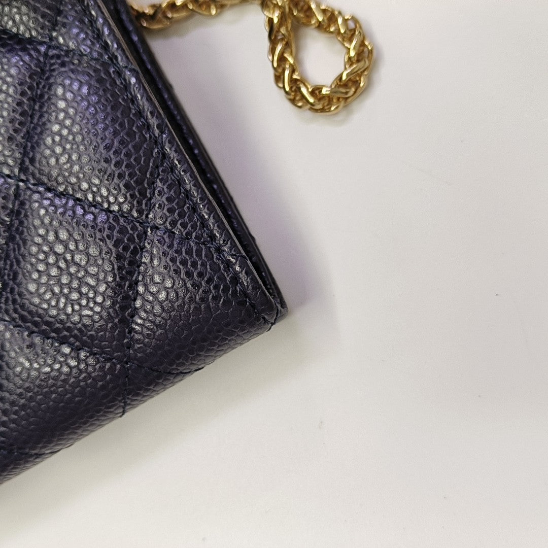 CLASSIC FLAP Mini Quilted Grained Calfskin Blue Wallet