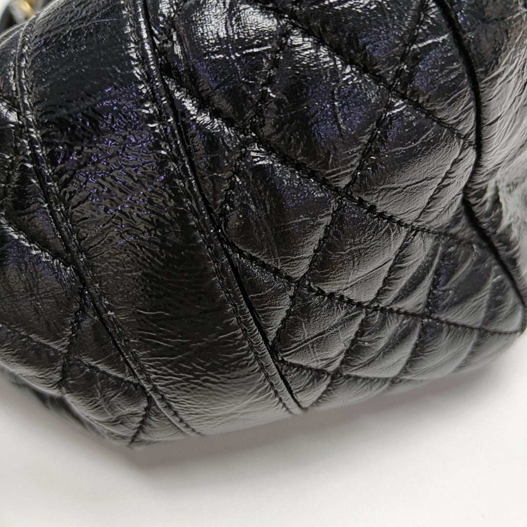 Quilted Patent Leather Top Handle Bag Black