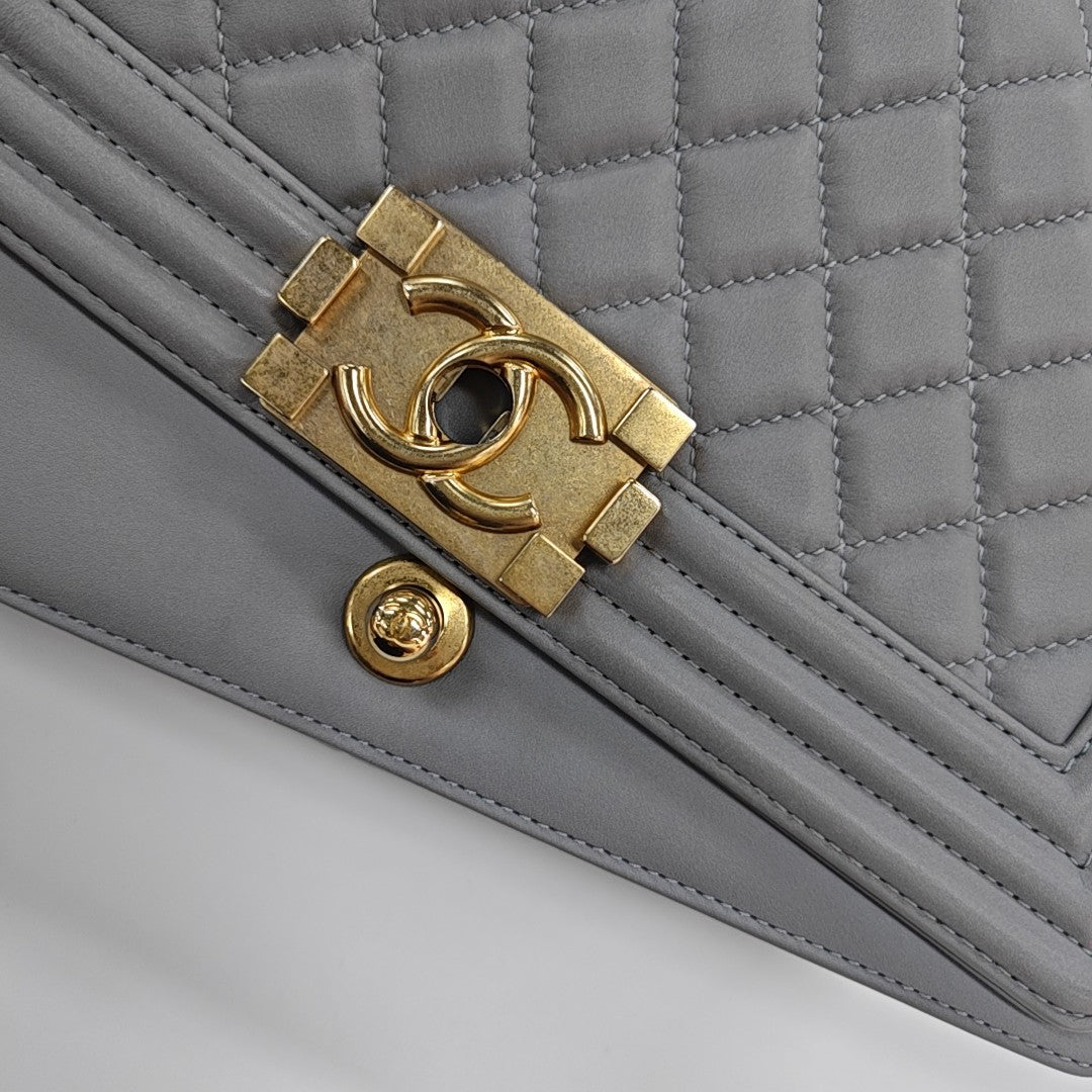 BOY CHANEL Medium Quilted Grained Calfskin Gray