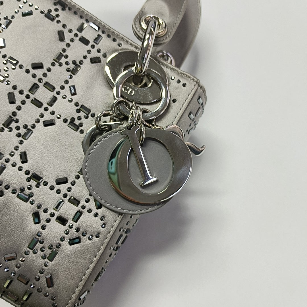 Lady Dior Mini Cannage Silk Satin Gray