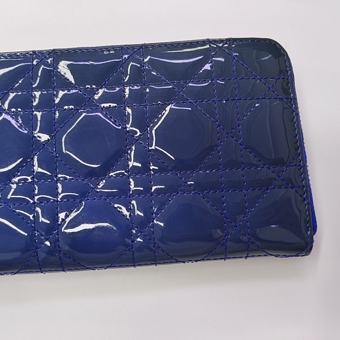 Lady Dior Small Cannage Patent Leather Blue Wallet