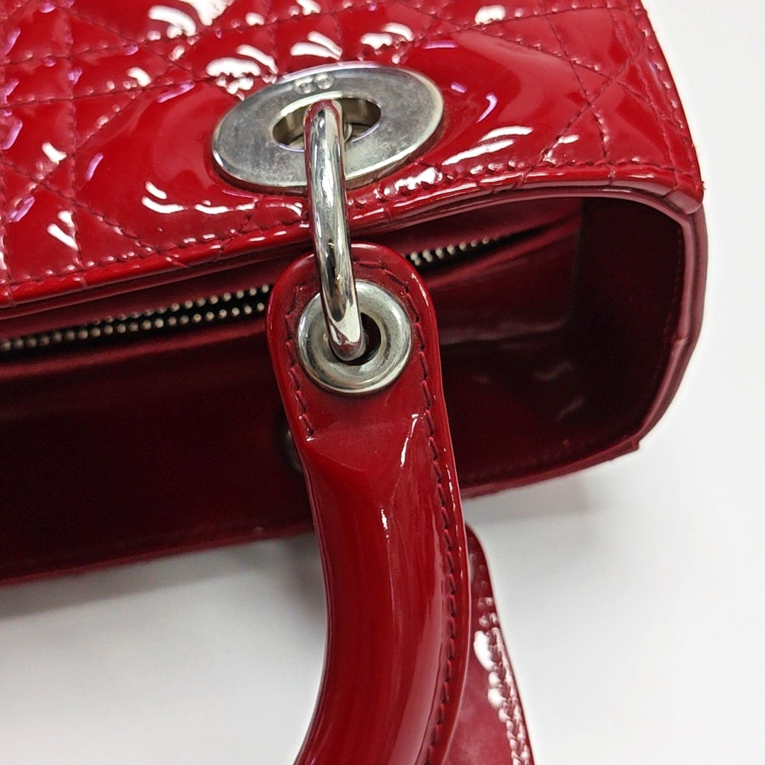 Authenticated pre-owned  Lady Dior Medium Quilted Patent Leather Red - Tote Bag at Looply