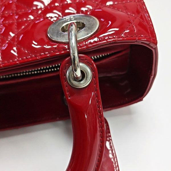 Authenticated pre-owned  Lady Dior Medium Quilted Patent Leather Red - Tote Bag at Looply