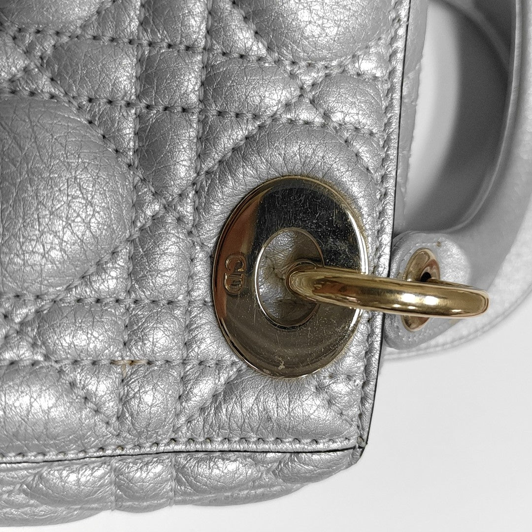 Authenticated pre-owned  Lady Dior Mini Cannage Lambskin Silver - Tote Bag at Looply