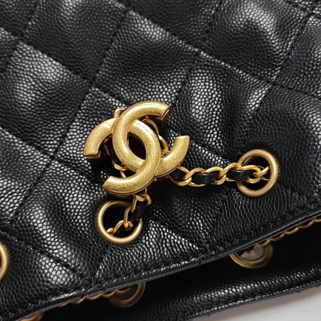 CHANEL 25 Mini Quilted Grained Calfskin Black