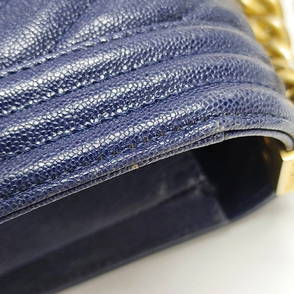 Authenticated pre-owned  BOY CHANEL Chevron, Quilted Grained Calfskin Blue - Crossbody Bag at Looply