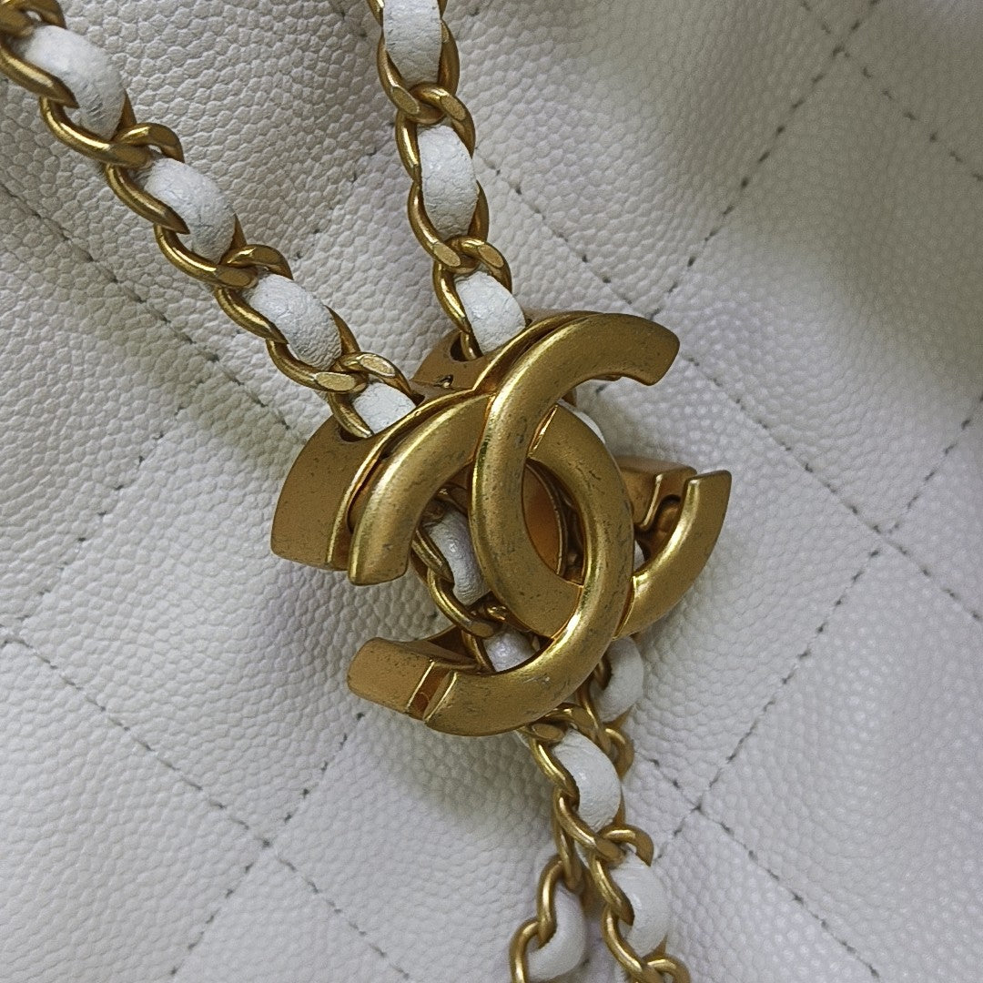 CHANEL 25 Medium Quilted Grained Calfskin White