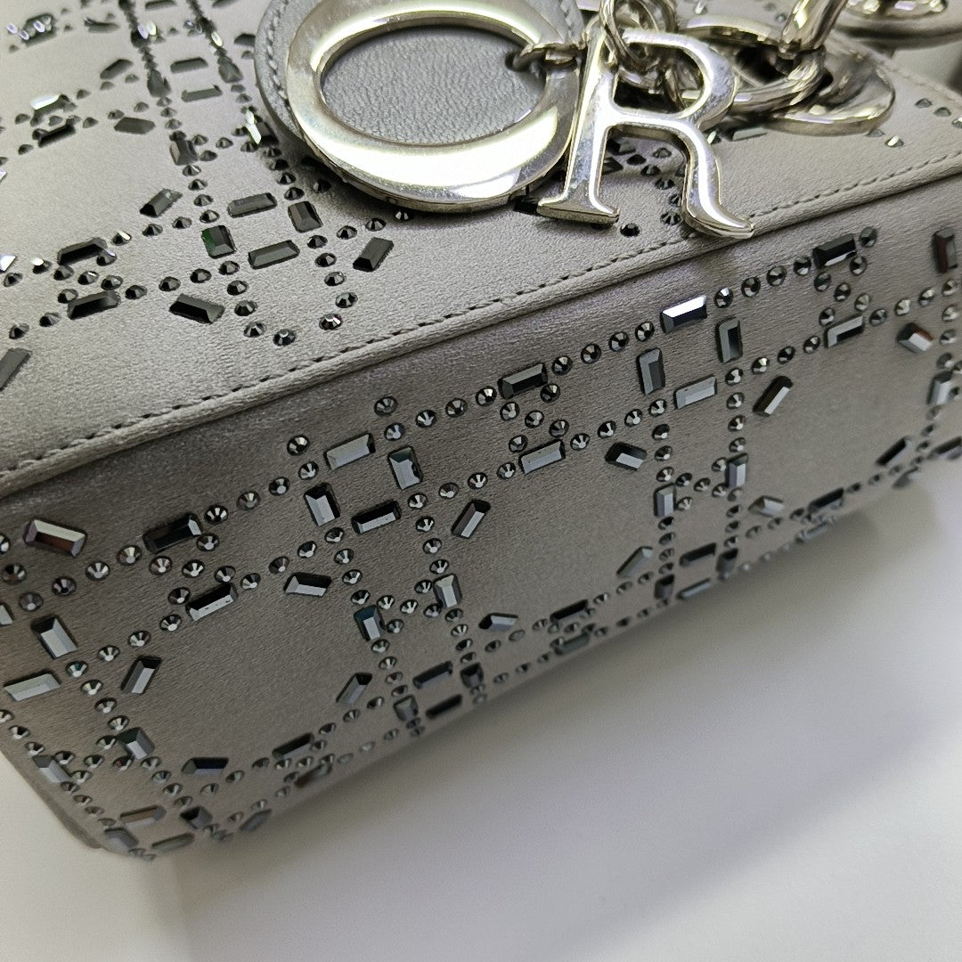 Lady Dior Mini Cannage Silk Satin Gray